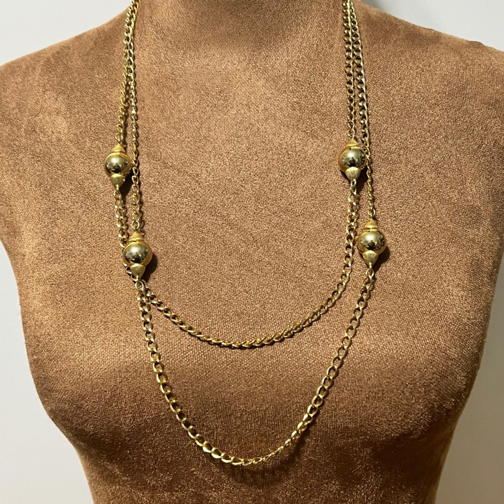 Vintage Monet Gold Tone Long Station‎ Orb Chain Necklace 57 Inch Retro 70s